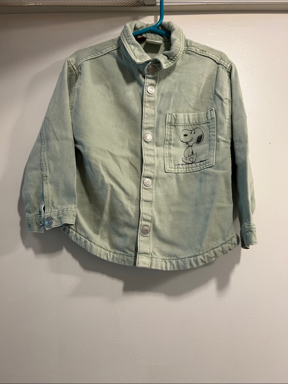 Zara “Peanuts” Snoopy Pocket Snap Button-Front Jacket in Sage 2-3 years